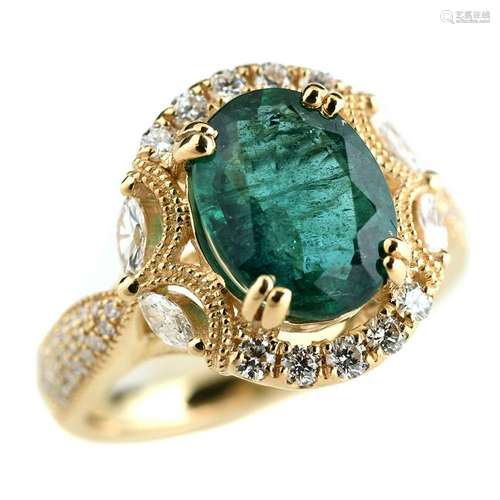 Emerald, Diamond, 14k Yellow Gold Ring.