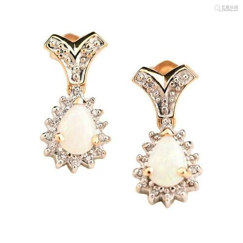 Pair of Opal, Diamond, 14k Yellow Gold Earrings.