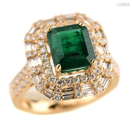 Emerald, Diamond, 14k Yellow Gold Ring.