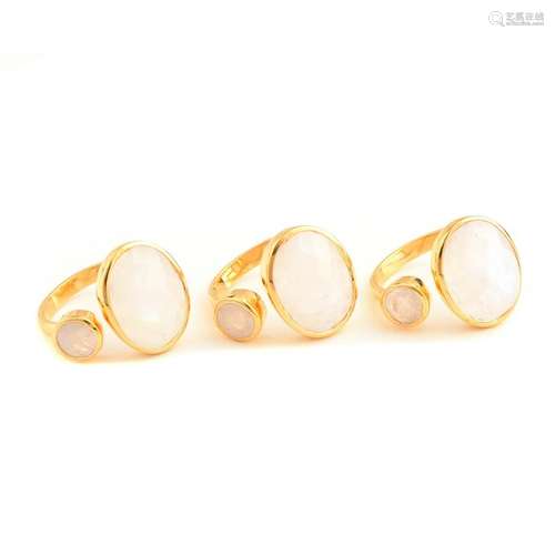 Collection of Three Moonstone, Vermeil Rings.