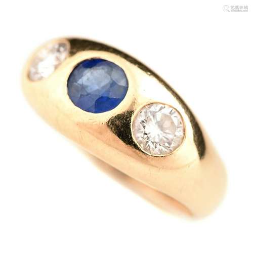 Synthetic Sapphire, Diamond, 14k Yellow Gold Ring.