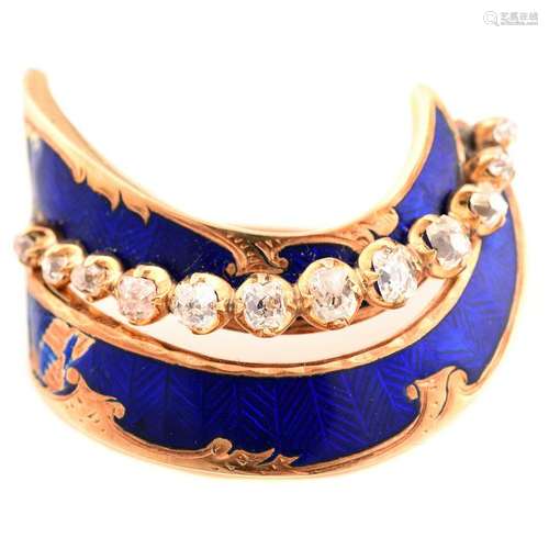 Russian Diamond, Enamel, 14k Yellow Gold Brooch.