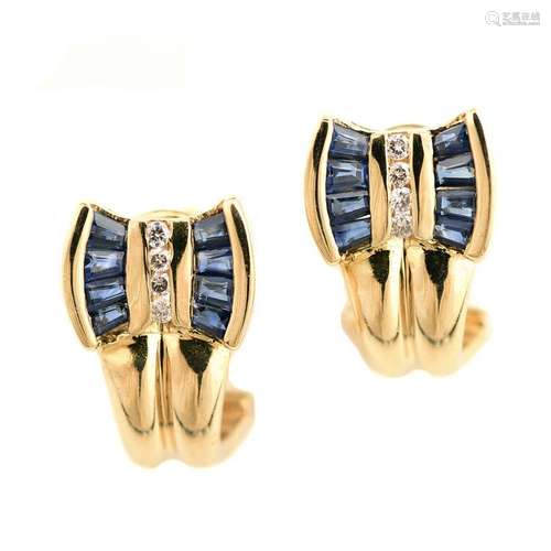 Pair of Diamond, Sapphire, 14k Yellow Gold Earrings.