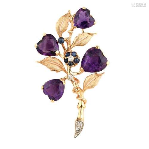 Amethyst, Sapphire, Diamond, 14k Yellow Gold Flower