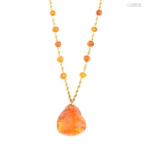 Amber, 14k Yellow Gold Necklace.