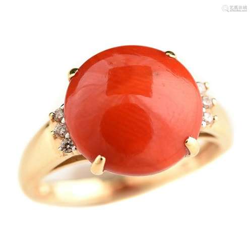 *Coral, Diamond, 14k Yellow Gold Ring.