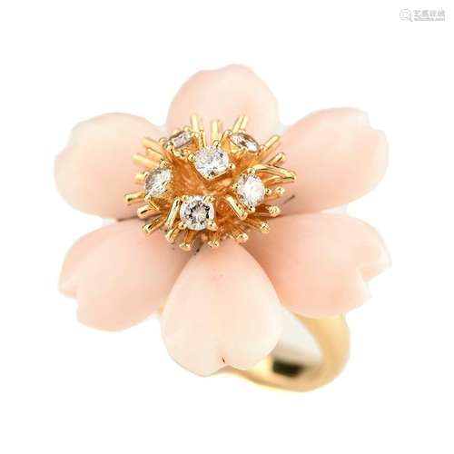 *Coral, Diamond, 18k Yellow Gold Flower Ring.