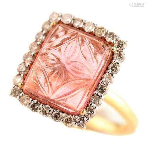 Carved Pink Tourmaline, Diamond, 18k Gold Ring.