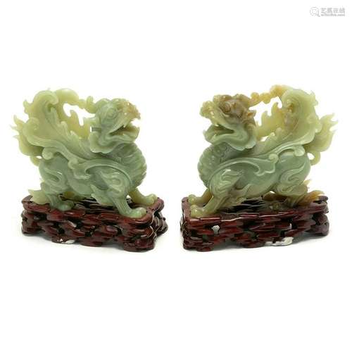 Pair of Chinese Carved Jade Dragons on Carved Woodend