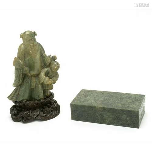 Chinese Hardstone Figural Carving and Covered Box