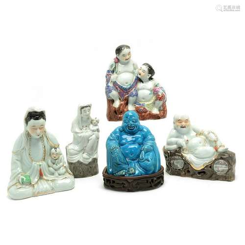 Six Chinese Porcelain Deities, Buddha and Guanyin