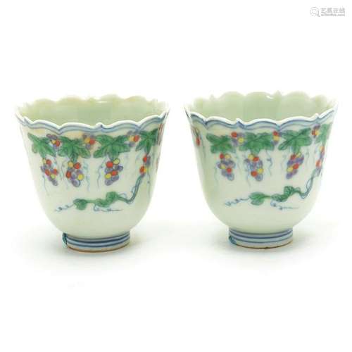 Pair of Chinese Doucai Grape Motif Porcelain Wine Cups