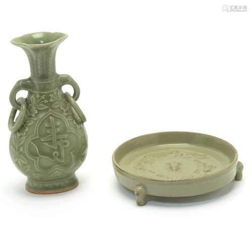 Chinese Molded Celadon Glazed Vase and Tripod Censer