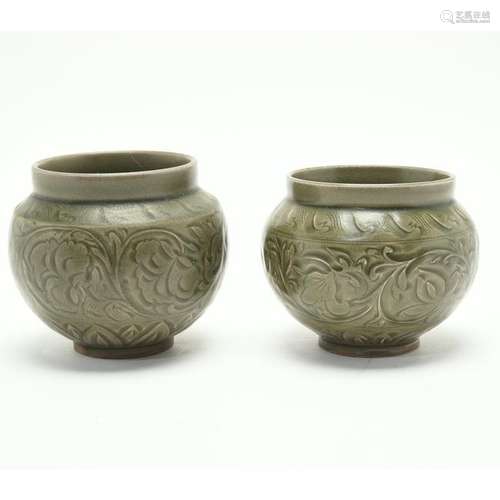 Two Chinese Celadon Glazed Peony Jars