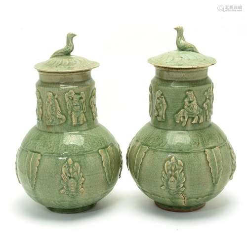 Pair of Chinese Celadon Porcelain Vases with Covers.