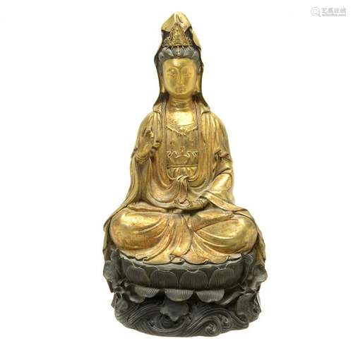 Chinese Cast and Gilt Bronze  Seated Guangyin on lotus.