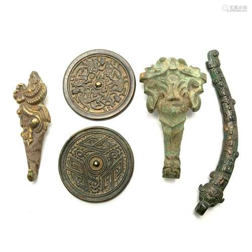 Two Chinese Bronze Mirrors and Three Belt Hooks