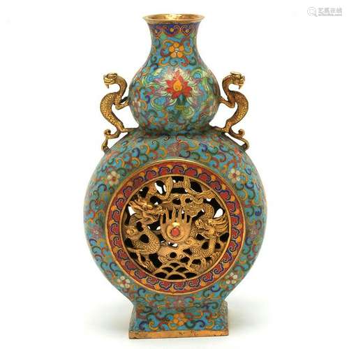 Chinese Gilt Cloisonne Double Gourd Dragon Vase