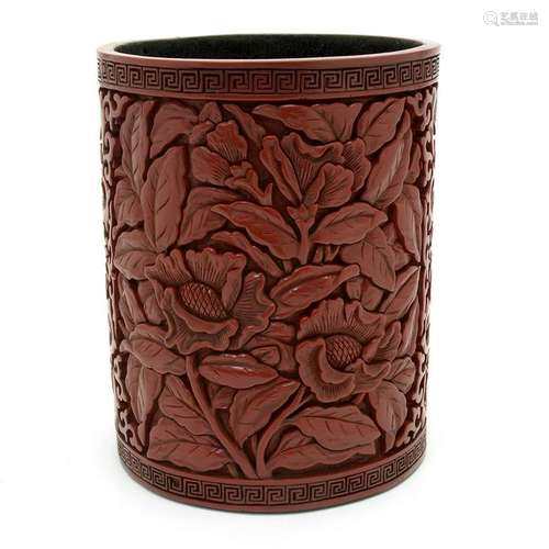 Chinese Carved Cinnabar lacquer Brush Pot.