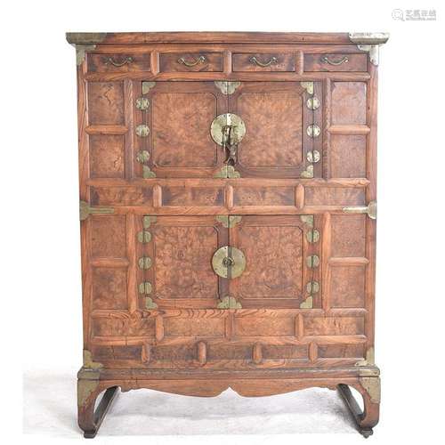 Chinese Pine and Figured Wood Tansu with Brass Fixtures