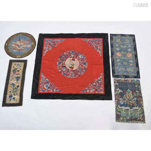 Group of Five Antique Chinese Embroidered Panels