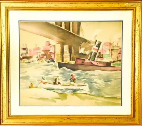 Vintage Watercolor Fishing Scene NYC River Front