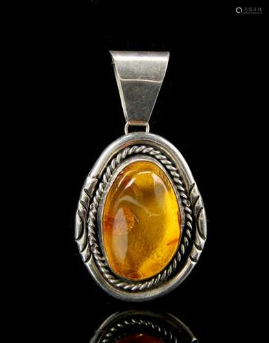 Chinese Silver Amber Pendent