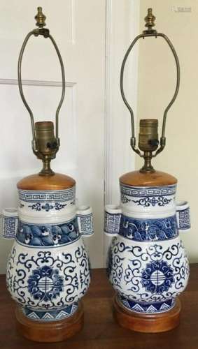 2 Blue & White Asian Porcelain Vase Mount Lamps