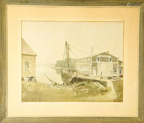 Mid Century Oil Painting Boatyard Scene John Evans