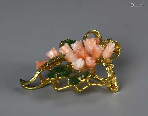 Chinese Jade And Coral Pin