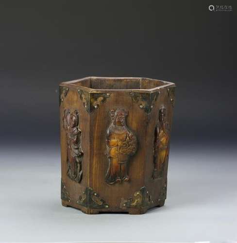 Chinese Hardwood Brush Pot with Inlays