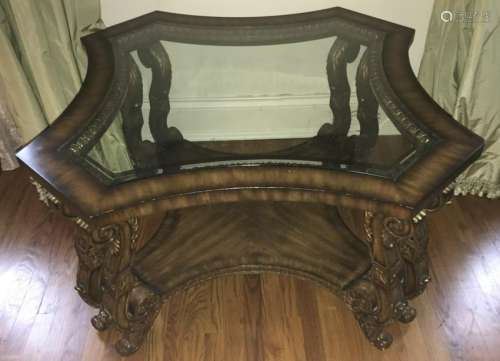 Italian Baroque Style Carved Wood Glass End Table