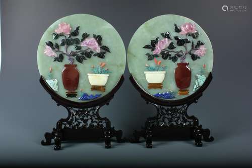 A Pair Of Circular Multi-Color Carved Screens