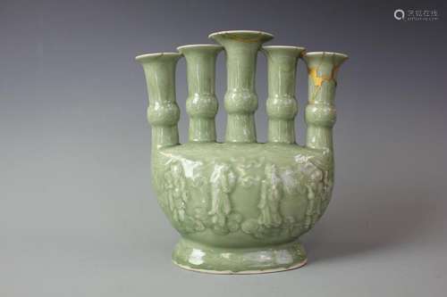 A Celadon Five Tube Vase (Minor Restoration)