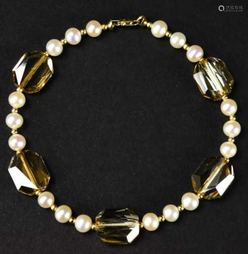 14kt Yellow Gold, Baroque Pearl & Crystal Bracelet
