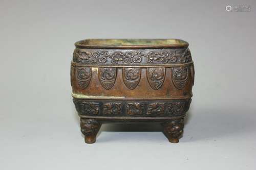 A Copper Rectangular Four Legs Censer