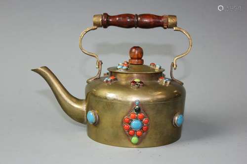 A Tibetan Style Tin-Copper Hardstone Tea Pot