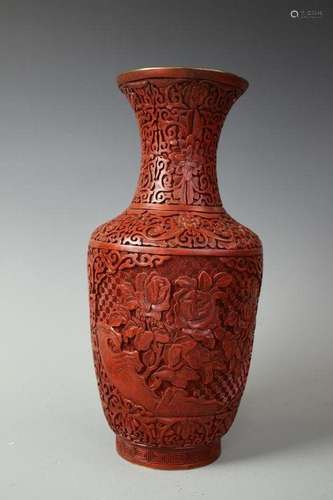 A Cinnabar Carved Guanyin Vase