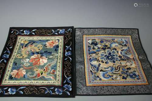 Two Blue Ground Embroidered Textile Panels