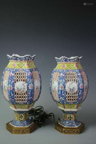 A Pair Of Famille-Rose Porcelain Hexagonal Lamps