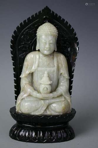 Hetian White Jade Figure Of Budda With Spinach Green