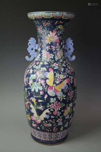 A Blue Ground Famille-Rose Butterfly Guanyin Vase, Qing