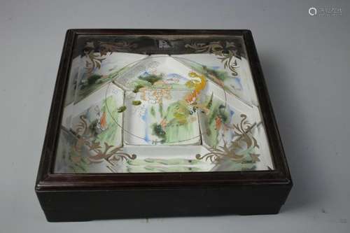 A Famille Porcelain Pan With Hongmu Case