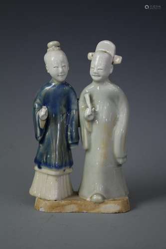 Blue And White Porcelain Couple Figurines, Middle Qing