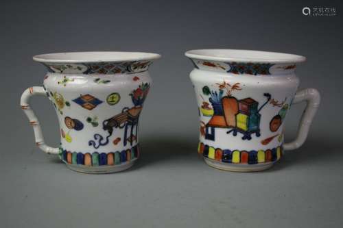 A Pair Of White Ground Famille Tea Cups, Qing Dynasty