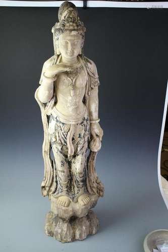 A Large Wood Carved Figure Of Guanyin, Late Qing