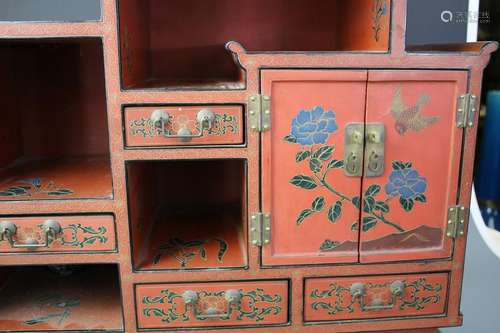 A Red Painted Wood Carved Cabinet, Qing Dynasty