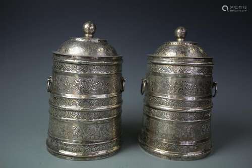 A Pair Of Mongolia Silver Food Containers