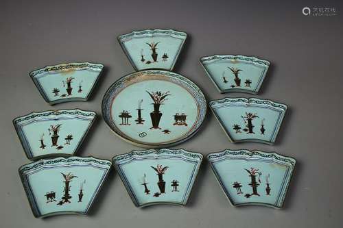 Set Of Nine Import Color Painted Trays, Late Qing