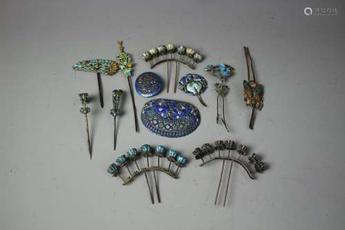 Set Of 11 Gilt Silver Enameled Hairpins, Qing Dynasty